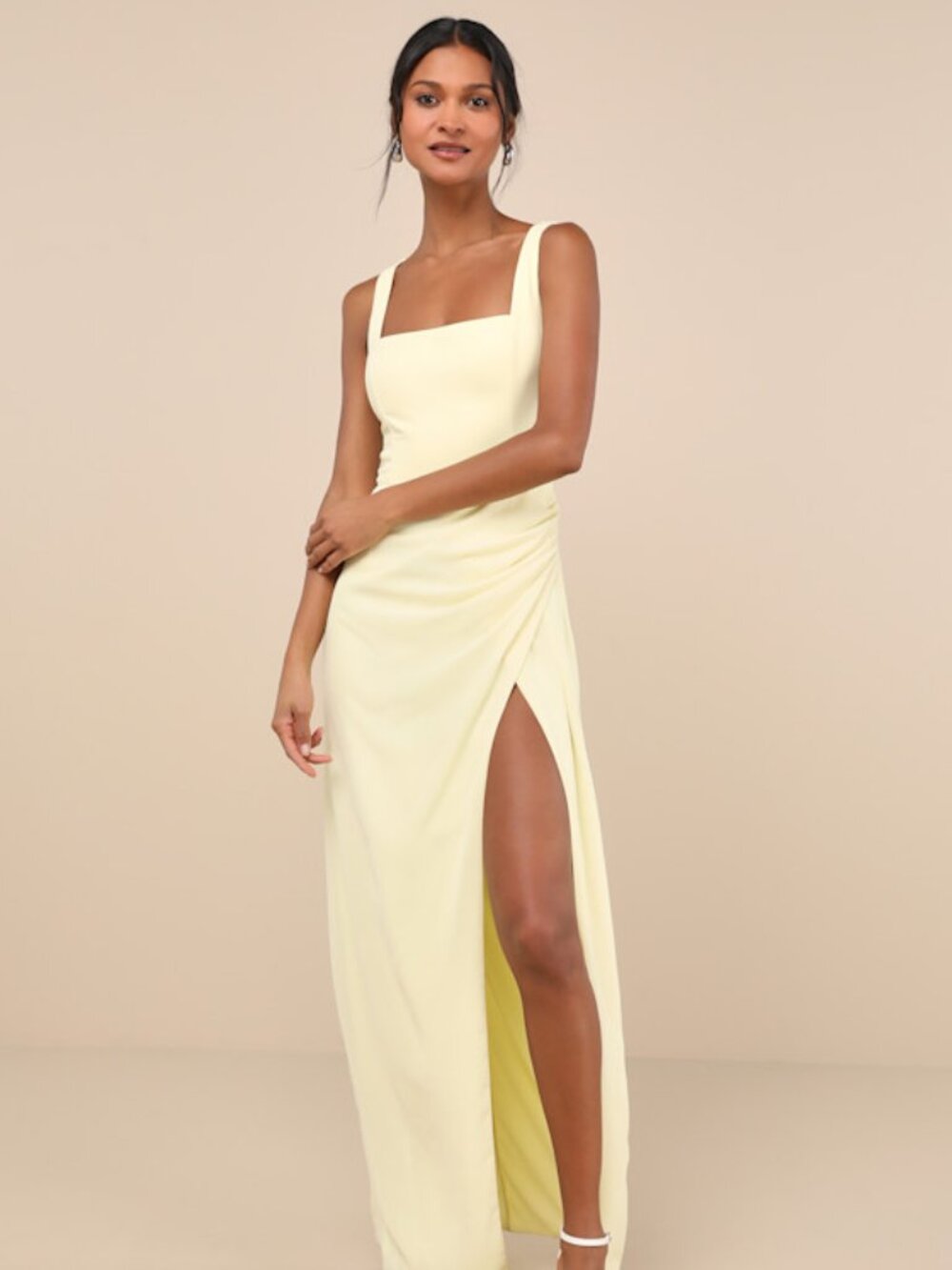 Lulus Yellow Ruched Maxi Dress - Size L